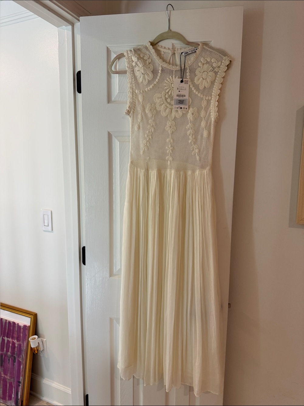 Zara Cream Crochet Bodice Pleated Dress